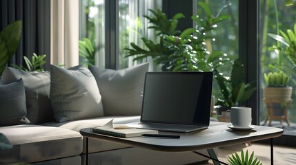 Fototapeta premium Cozy Home Office with Laptop, Plants, and Natural Light.