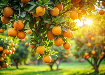 Ripe orange fruits hang from branches of a lush green orange tree, illuminated by warm sunlight, amidst a serene and idyllic natural garden setting.