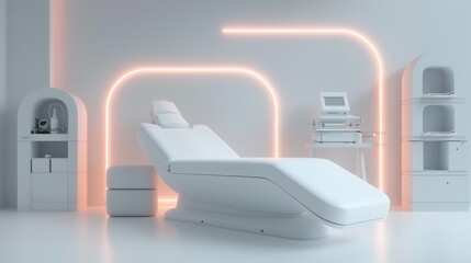 A white room with a tan wall and a tan chair. There is a small table in the room with a cup on it