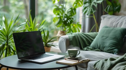 Fototapeta premium Cozy Home Office with Laptop, Plants, and Natural Light.