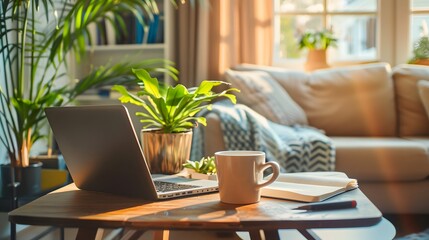 Fototapeta premium Cozy Home Office with Laptop, Plants, and Natural Light.
