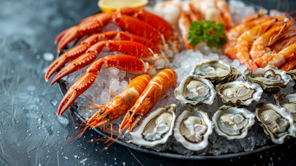 Assorted seafood platter with shellfish and crustaceans on ice.