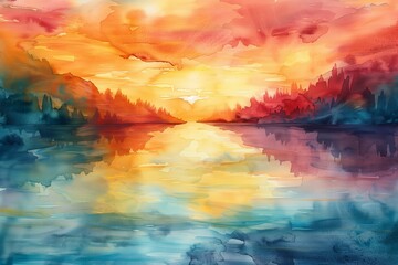 Fototapeta premium Vibrant Watercolor Sunset Over Serene Lake with Reflective Water and Colorful Sky