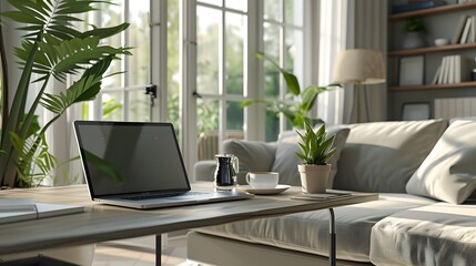 Fototapeta premium Cozy Home Office with Laptop, Plants, and Natural Light.