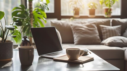 Fototapeta premium Cozy Home Office with Laptop, Plants, and Natural Light.
