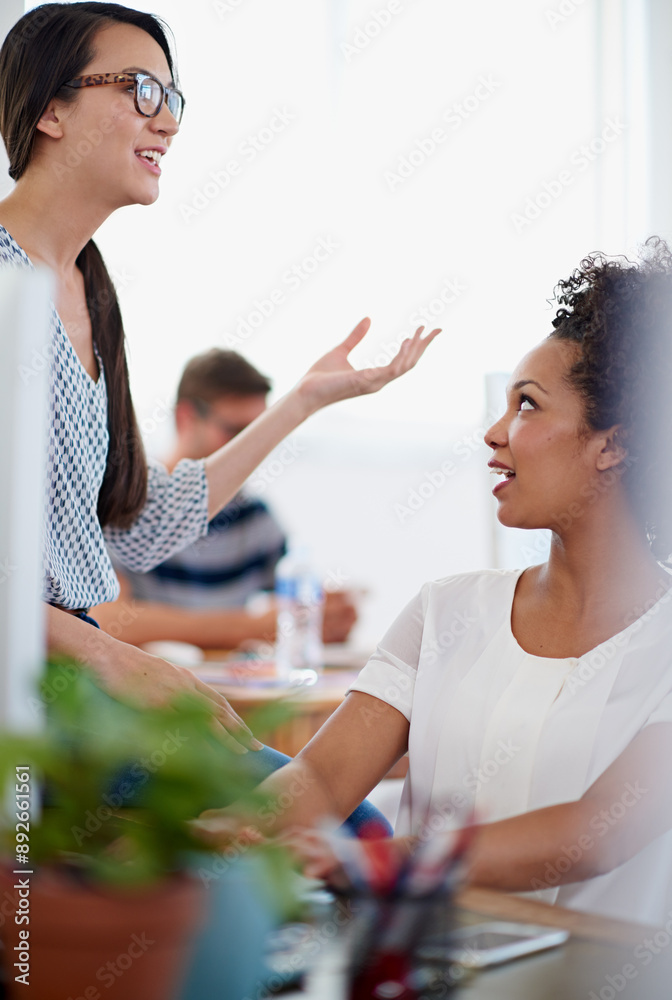 Poster women, people and happy in office with conversation or discussion on work break as graphic designer.