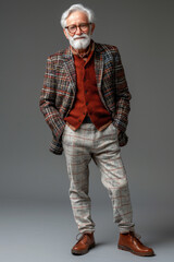 2. Happy elderly man dressed in trendy clothes, smiling and looking at the camera, full body, High resolution photography, detailed, realistic, The photo is taken with a Canon EOS R5, with a 17mm,