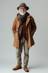 2. Happy elderly man dressed in trendy clothes, smiling and looking at the camera, full body, High resolution photography, detailed, realistic, The photo is taken with a Canon EOS R5, with a 17mm,