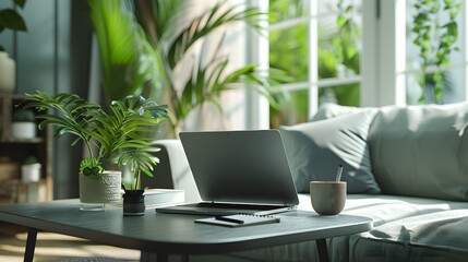 Cozy Home Office with Laptop, Plants, and Natural Light.
