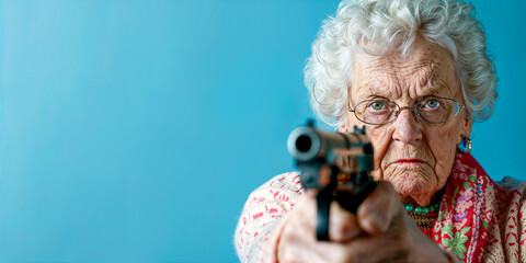 Senior citizen woman pointing aiming gun, self-defense, wide banner, blue, copyspace