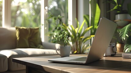 Cozy Home Office with Laptop, Plants, and Natural Light.