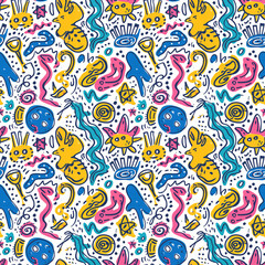 Naklejka premium Colorful hand-drawn abstract pattern with geometric shapes and stars