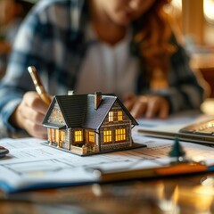 Realtor and clients, signing mortgage, new home purchase, closeup on miniature house, bright setting, cheerful mood