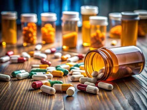 numRows of assorted pill bottles scattered across a table, symbolizing the devastating cycle of addiction, overdose, and doctor shopping in the opioid crisis.