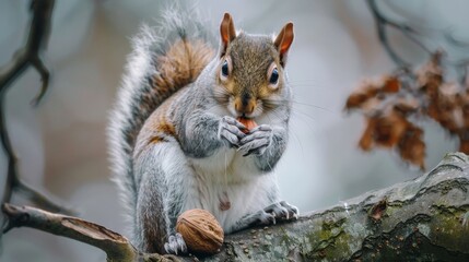 Squirrel perched on a tree branch, nibbling on a nut