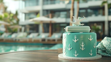 minimalist cake with a glossy teal finish and white nautical motifs, set against a backdrop of a chic, seaside resort © Ramzan