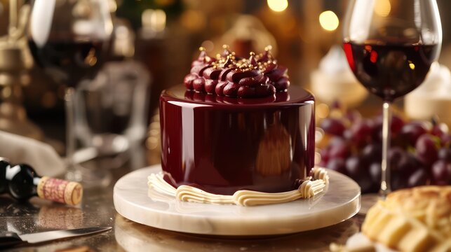 minimalist cake with a glossy burgundy finish and cream Rococo swirls, set against a backdrop of a decadent, wine loversa?? gathering