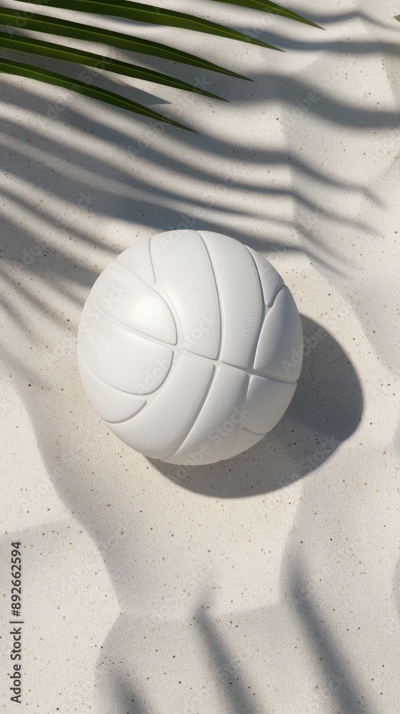 Poster A white volleyball rests on a light brown wooden floor.