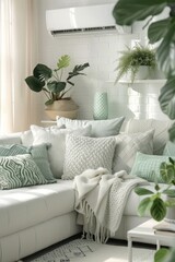 A white couch with pillows and a white air conditioner on the wall. The room is bright and airy, with a few potted plants adding a touch of greenery. Scene is calm and relaxing