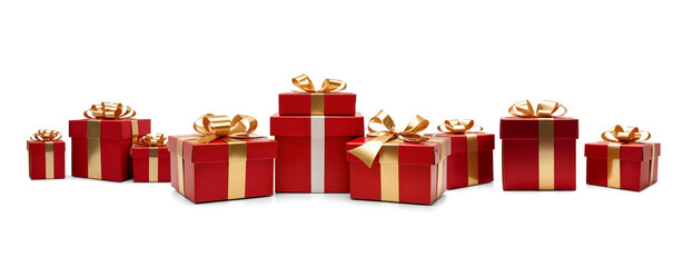 red golden christmas gifts in row, isolated