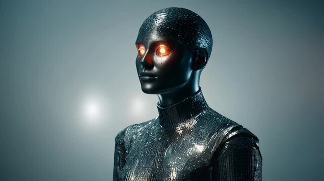 A humanoid robot in a metal body with red glowing eyes stands against a background of gray and blue gradient.
Concept: future, robotics, artificial intelligence