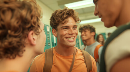Fototapeta premium An excited group of friends chatting and laughing in a school hallway lockers and bulletin boards visible