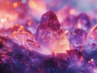Close-up of sparkling pink amethyst crystals with soft bokeh.