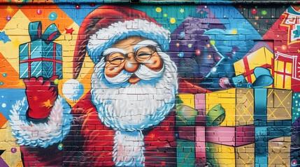 Fototapeta premium Christmas new year with Santa Clauses hold gift in vibrant mural art style for celebrating.