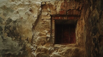 Square hole in the old stone wall.