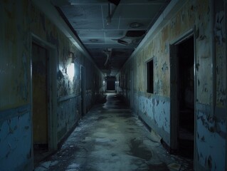 Dark, abandoned hospital with gloomy corridors and mutilated walls. AI generative.