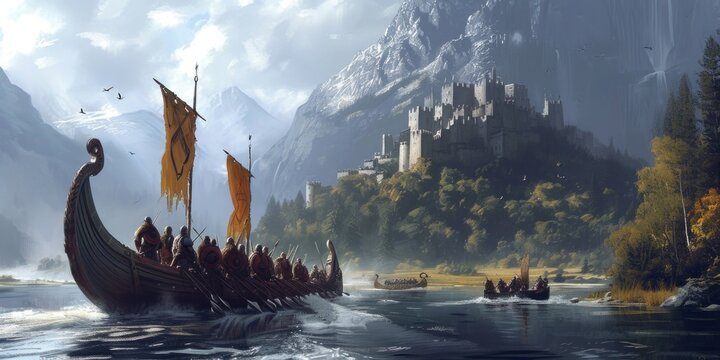 Warriors on a longship in the middle of a river. AI generative.