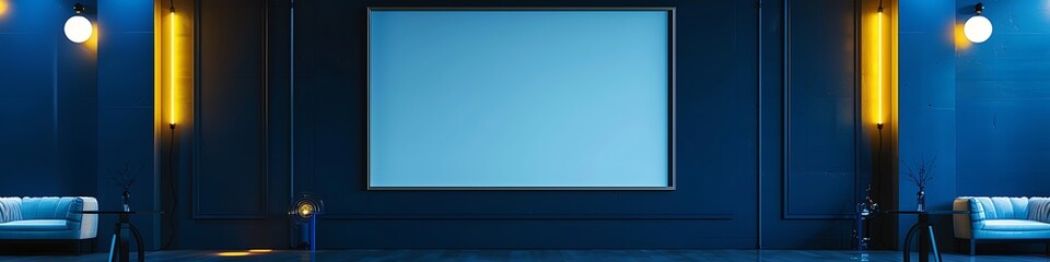 Bright blue office, blank frame on black wall, neon yellow lights,