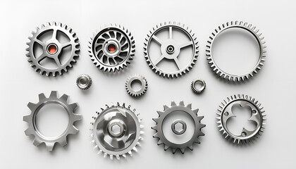 Set with different stainless steel gears on white background, top view