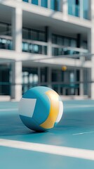 A volleyball rests on a table in the foreground, with blurred figures of people playing volleyball in the background