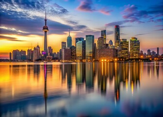 Fototapeta premium Modern glass skyscrapers with sleek architecture and vibrant city lights reflect in calm waters of Lake Ontario during a serene Toronto sunset.