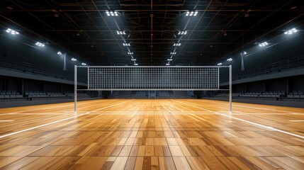 A volleyball court with a net in the middle, illuminated by bright lights in an indoor arena
