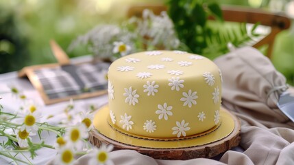 minimalist cake with a soft yellow base and delicate white daisy patterns, set against a backdrop of a cheerful, spring picnic