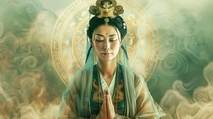 Obraz premium Guanyin surrounded by symbols of healing, emphasizing her nurturing qualities and compassionate spirit.