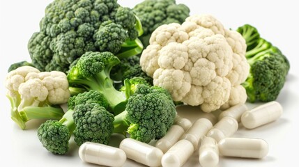 Health supplements in capsule form derived from cruciferous vegetables, supporting keto diet principles.