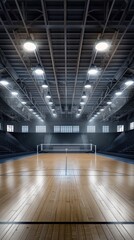 A volleyball court with a net in the middle, illuminated by bright lights in an indoor arena