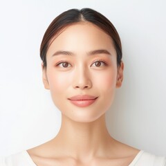 Obraz premium An Asian woman in a half-body view, with visible arms, applying a gradient lip tint for a soft, natural look. The background is isolated on a white background.