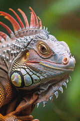 Obraz premium Colourful iguana in a natural environment in nature and on a dark background of greens and rocks