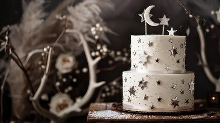 Fototapeta premium minimalist white cake with delicate, edible silver stars and moon phases, set against a backdrop of an enchanting, celestial-themed wedding