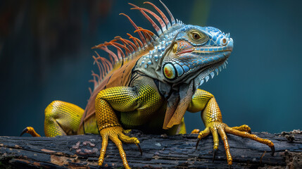 Obraz premium Colourful iguana in a natural environment in nature and on a dark background of greens and rocks