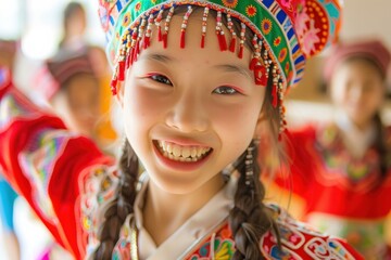 Fototapeta premium Smiling Young Asian Girl in Traditional Chinese Festive Costume with Red and Green Embroidery - Cultural Heritage, Diversity, and Celebration