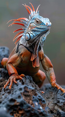 Obraz premium Colourful iguana in a natural environment in nature and on a dark background of greens and rocks