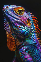 Fototapeta premium Colourful iguana in a natural environment in nature and on a dark background of greens and rocks