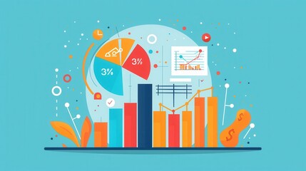 Obraz premium Analytical process, pie chart and data analysis tools, flat design illustration