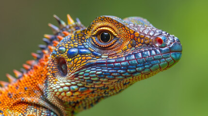 Fototapeta premium Colourful iguana in a natural environment in nature and on a dark background of greens and rocks