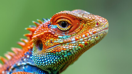 Fototapeta premium Colourful iguana in a natural environment in nature and on a dark background of greens and rocks